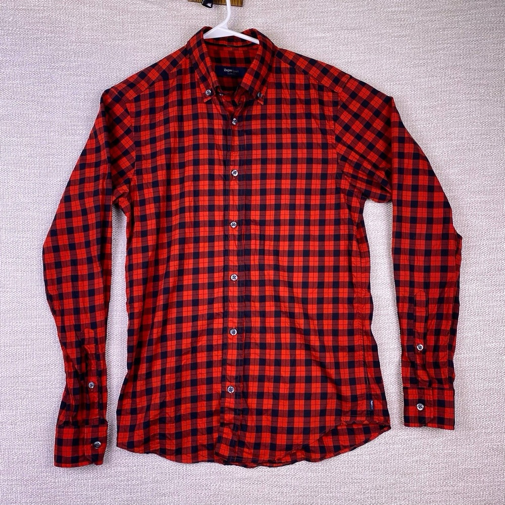 Zegna Sport Shirt S Mens L/S Button Down Slim Fit Red Buffalo Plaid VGUC - Picture 2 of 5